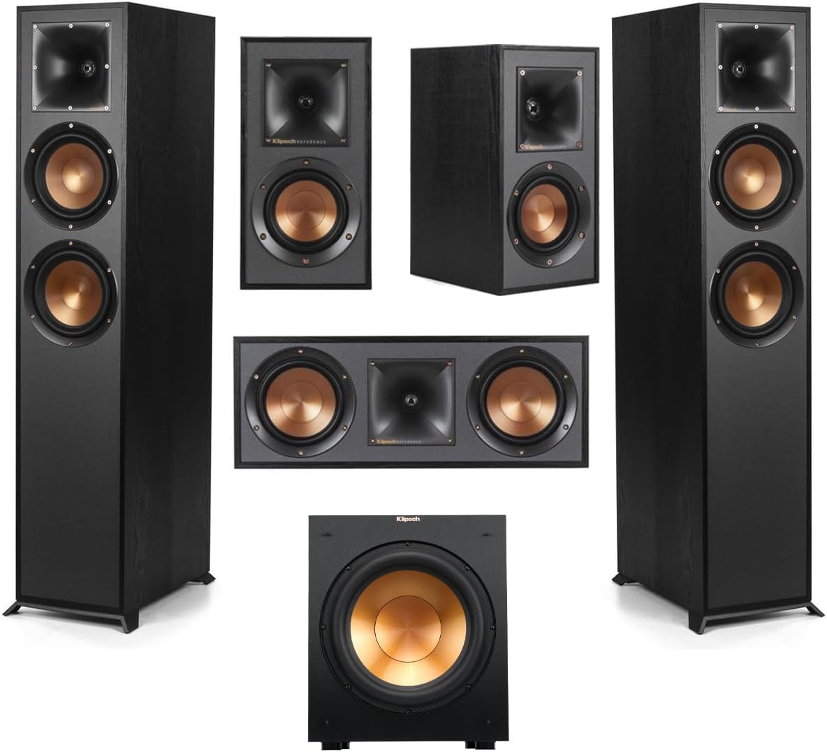 Klipsch Reference 5.1 Home Theater System with R-620F Floorstanding Speakers, 12SW Subwoofer, 52C Center & R-41M Bookshelf Black Zevon