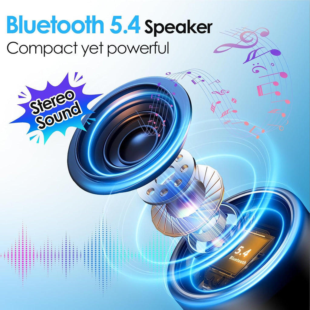 Portable Bluetooth 5.4 Speaker Mini Wireless Speaker with 12H Battery Life Noise Reduction Mic Metal Cover TWS Pairing & RGB Lights for Home Travel Outdoor Black